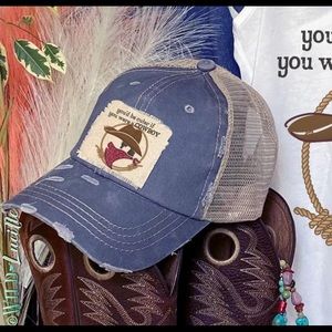 Blue Western Style Printed and Distressed Trucker Cap